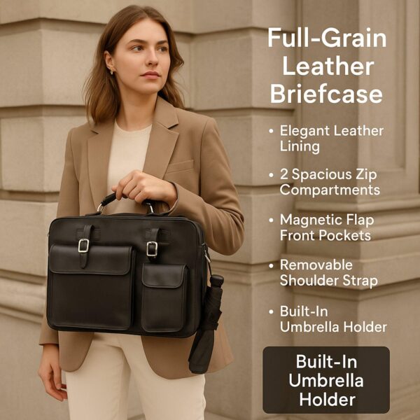Product infographic for a brown luxury full-grain leather briefcase, handcrafted in Italy. Features: leather lining, two main zippered compartments, umbrella holder, and removable shoulder strap. Dimensions: 40 x 30 x 10 cm, Weight: 1.6 kg.