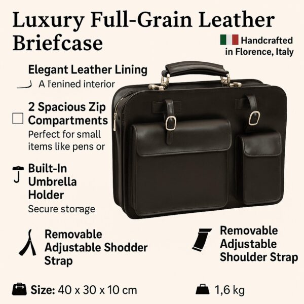 Product infographic for a black luxury full-grain leather briefcase, handcrafted in Italy. Features include: leather lining, 2 zip compartments, umbrella holder, and removable shoulder strap. Weight: 1.6 kg, Size: 40 x 30 x 10 cm.