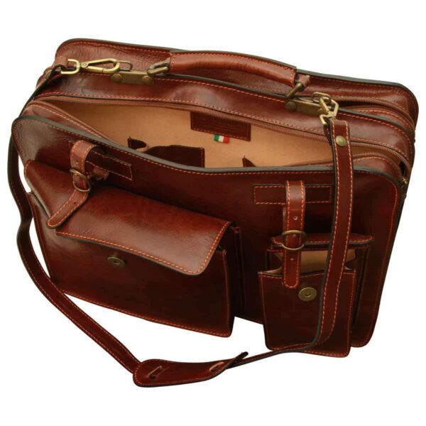 Top-down view of an open dark brown leather messenger bag with multiple exterior pockets, zippered compartments, and an attached shoulder strap