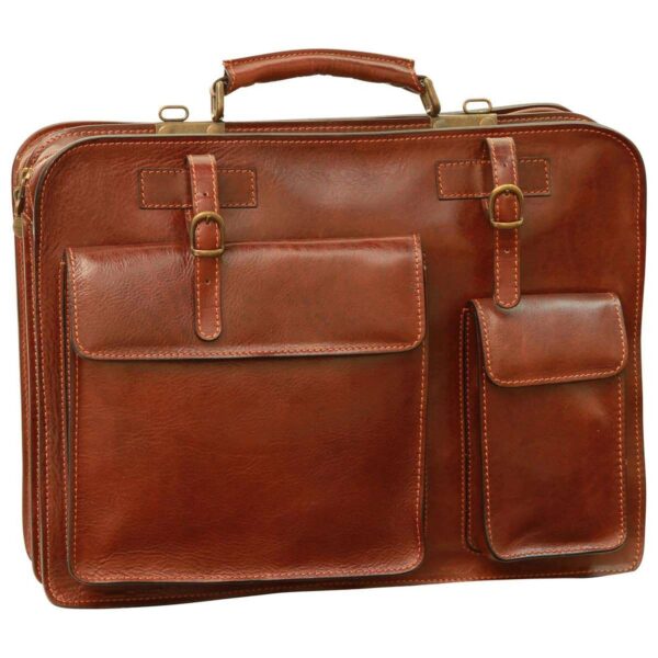Front view of a brown leather messenger bag featuring two prominent front utility pockets with leather straps and brass buckles