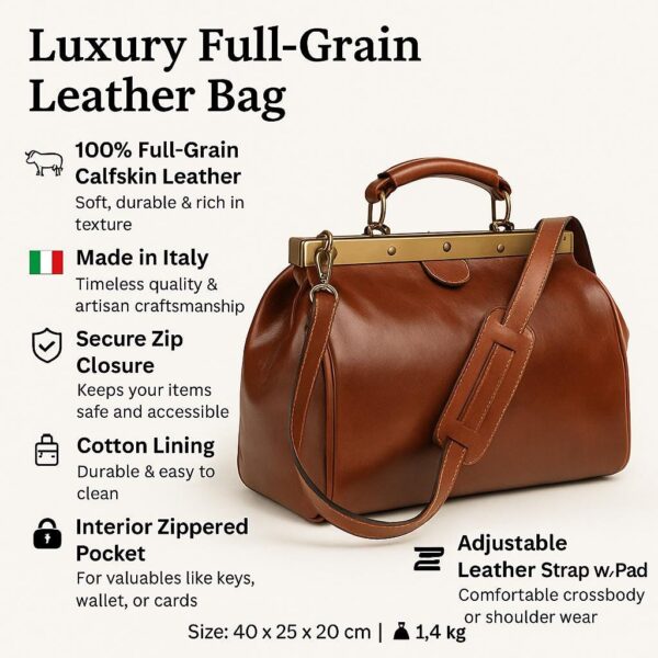 An infographic for a luxury full-grain leather doctor's bag, featuring a brown leather bag with a brass frame and adjustable shoulder strap, alongside text highlighting its features: 100% full-grain calfskin leather, made in Italy, secure closure, cotton lining, and an interior zippered pocket, with dimensions of 40 x 25 x 20 cm and a weight of 1.4 kg.