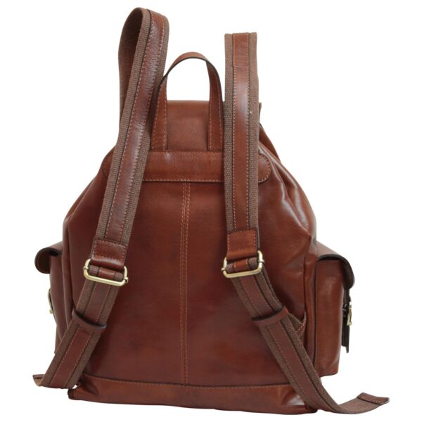 The rear view of a cognac-brown leather backpack, showing adjustable shoulder straps with canvas reinforcement, brass-toned adjustment buckles, and a small leather top carry handle against a white background.
