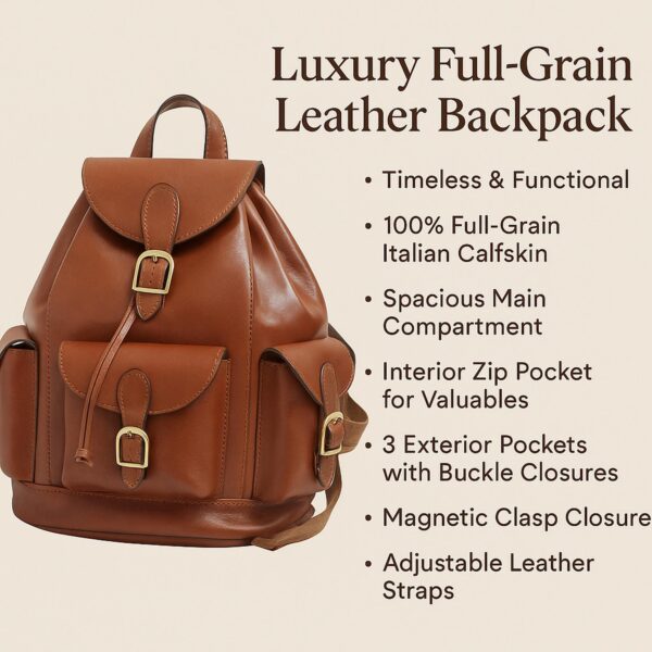 A promotional image of a brown leather backpack alongside text describing it as a "Luxury Full-Grain Leather Backpack" made of 100% Italian calfskin, featuring a spacious main compartment, interior zip pocket, three exterior buckled pockets, magnetic clasp closure, and adjustable straps.