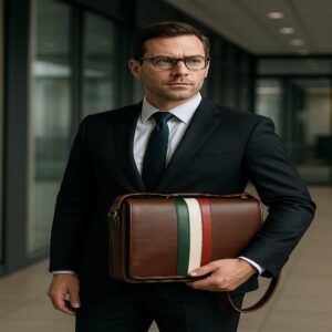 Handmade Italian full-grain calfskin leather messenger bag with padded laptop compartment, magnetic flap, and adjustable shoulder strap for work, travel, and daily use