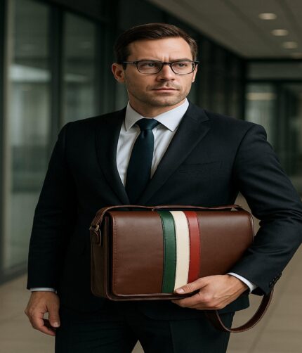 Handmade Italian full-grain calfskin leather messenger bag with padded laptop compartment, magnetic flap, and adjustable shoulder strap for work, travel, and daily use