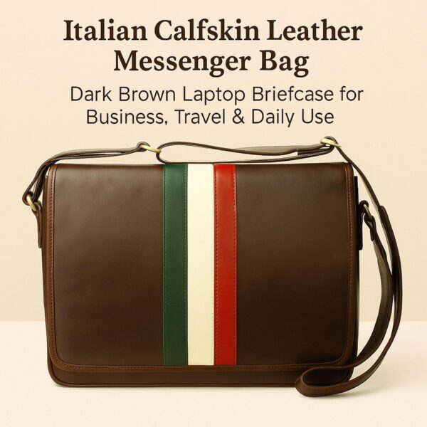 A promotional graphic for an Italian calfskin leather messenger bag in dark brown, featuring a central vertical green, white, and red stripe and labeled as a laptop briefcase for business, travel, and daily use.
