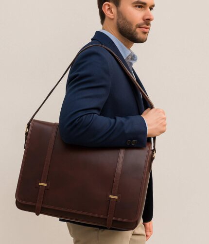 Luxury full-grain leather messenger bag with padded laptop compartment, magnetic flap closure, and adjustable shoulder strap for business, travel, and daily use