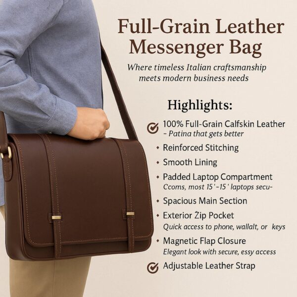 A person wearing a blue shirt and khaki pants carries a dark brown full-grain leather messenger bag with a shoulder strap. The image includes text highlighting features such as Italian craftsmanship, a padded laptop compartment for 15-inch devices, and a magnetic flap closure.