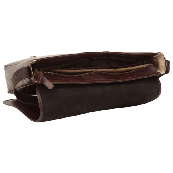 A bird's-eye view looking down into the open dark brown leather messenger bag, showing multiple interior compartments, including a central zippered divider and a large storage section lined with beige fabric.