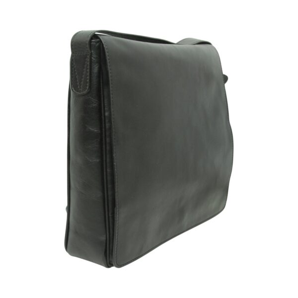 A three-quarter side view of a black leather messenger bag with a large front flap and a matching leather shoulder strap attached to the side.