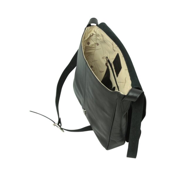 A high-angle view of an open black leather messenger bag, showing a cream-colored interior lining with a logo pattern, a zippered pocket, and a long adjustable shoulder strap.
