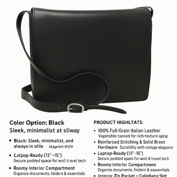 An infographic for a black minimalist leather messenger bag, featuring bullet points about its full-grain Italian leather, reinforced stitching, and 13-15" laptop-ready padded compartment.