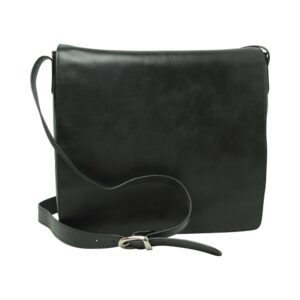 Front view of a minimalist black leather messenger bag featuring a large smooth flap closure and a long, adjustable shoulder strap with a silver-tone buckle.