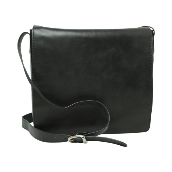 Front view of a minimalist black leather messenger bag featuring a large smooth flap closure and a long, adjustable shoulder strap with a silver-tone buckle.