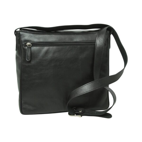 Back view of a flat black leather messenger bag, featuring a horizontal zippered security pocket and a long, adjustable leather shoulder strap.