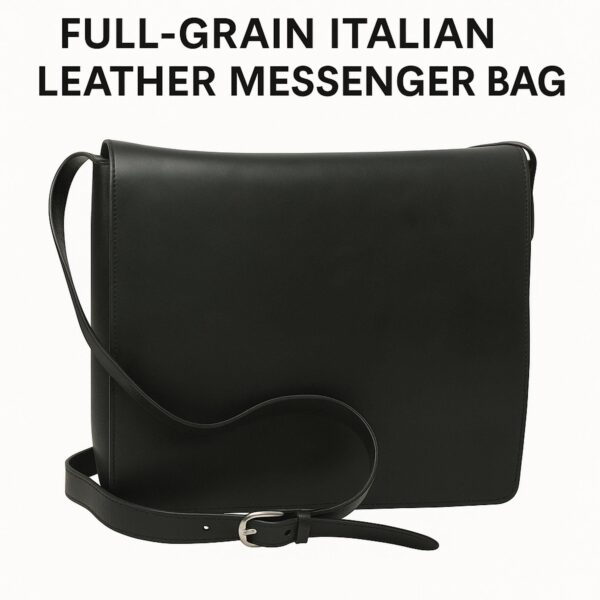 A professional studio shot of a black full-grain Italian leather messenger bag with a large flap closure and a long, adjustable shoulder strap.