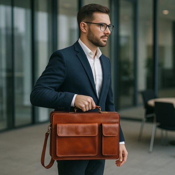 A man in a suit and glasses holds a brown leather bag.