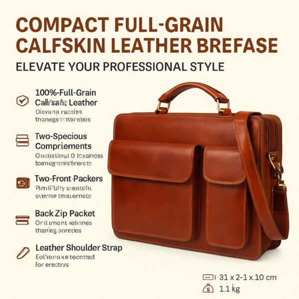 a cognac-colored leather briefcase. The text "COMPACT FULL-GRAIN CALFSKIN LEATHER BRIEFCASE" is displayed at the top, and "Reinforced seams for durability" is at the bottom. The shot highlights the fine stitching, the rounded leather handle with brass-tone rings, and the top of a front flap pocket.