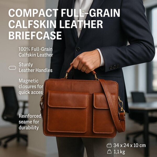 A promotional lifestyle image of a man in a navy suit holding a cognac leather briefcase. The image includes white overlay text detailing product specifications: "100% Full-Grain Calfskin Leather," "Sturdy Leather Handles," "Magnetic closures," and "Reinforced seams." Icons at the bottom indicate dimensions of 34 x 24 x 10 cm and a weight of 1.1 kg, with additional Greek text and arrows pointing to the bag's durable construction.