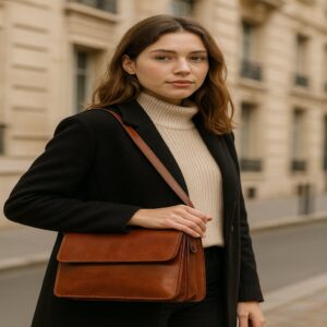 Elegant full-grain leather shoulder bag with adjustable strap, spacious compartments, and secure zippered section