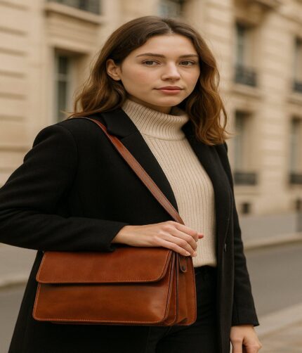 Elegant full-grain leather shoulder bag with adjustable strap, spacious compartments, and secure zippered section