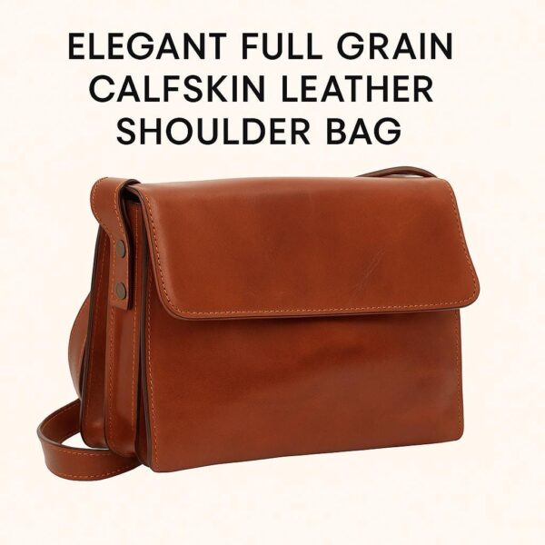 An elegant, cognac-brown full-grain calfskin leather shoulder bag with a rectangular structured design and a large front fold-over flap, featuring visible perimeter stitching and a matching leather strap.