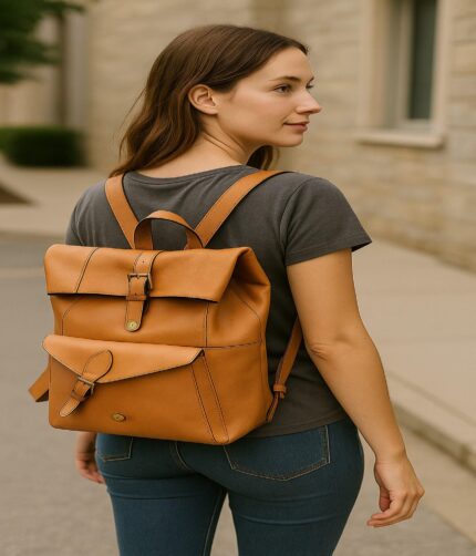 Luxury full-grain leather laptop backpack in brown – handcrafted Italian design with trolley strap, ideal for work, commuting, and travel.