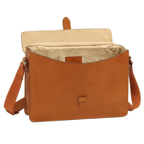 An infographic featuring a tan leather messenger bag with marketing text including "Elegant Full-Grain Calfskin Leather," "Handcrafted Elegance," and "Versatile Design." The image lists dimensions of 33 x 24 x 6 cm and a weight of 0.8 kg, highlighting its suitability for professionals and daily commutes.