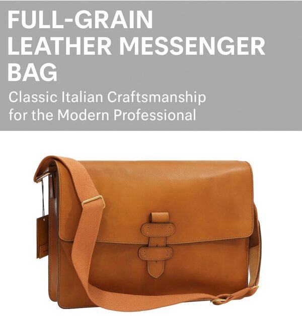 An infographic featuring a tan horizontal leather messenger bag with a large front flap and a decorative vertical strap, titled "Full-Grain Leather Messenger Bag - Classic Italian Craftsmanship for the Modern Professional."