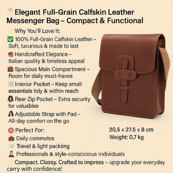 An infographic featuring a brown leather messenger bag with marketing text including "100% Full-Grain Calfskin Leather," "Handcrafted Elegance," and "Spacious Main Compartment." The image lists dimensions of 20,5 x 27,5 x 8 cm and a weight of 0,7 kg, highlighting its suitability for daily commutes and travel.