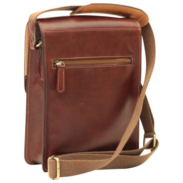 The back view of a slim, brown leather messenger bag featuring a horizontal zippered pocket with a leather pull tab and an adjustable brown canvas shoulder strap with brass hardware.