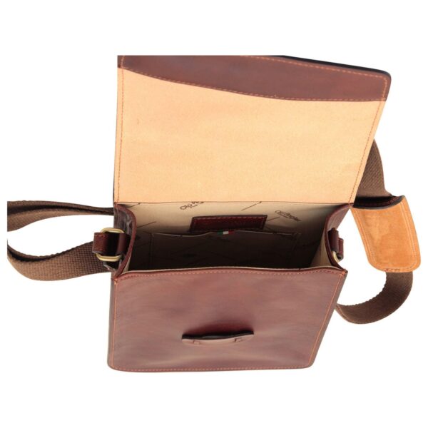 An open, brown leather messenger bag shown from a top-down view, revealing a light-colored fabric lining with a patterned logo, an internal pocket, and a wide canvas shoulder strap.