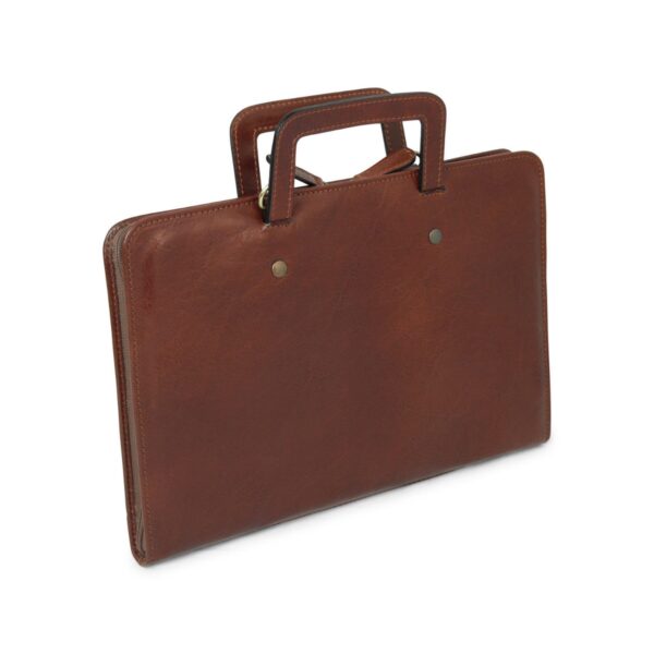 Three-quarter view of a slim brown leather document case or laptop bag, featuring a top zipper, two integrated rectangular leather handles, and a thin detachable leather shoulder strap.