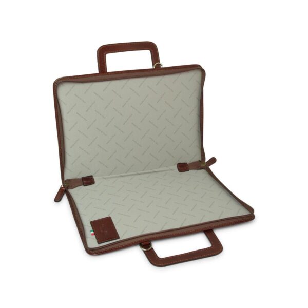 leather Folder, showing two main compartments lined with branded beige fabric, an internal zippered pocket, pen slots, and brass hardware loops.