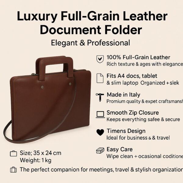 Infographic for a Luxury Full-Grain Leather Document Folder. Features a brown leather case with the following text highlights: 100% Full-Grain Leather, Made in Italy, and Fits A4 docs, tablet & slim laptop. Includes specifications: Size 35 x 24 cm and Weight 1 kg.