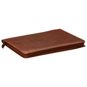 A professional, slim-profile leather portfolio folder in a warm reddish-brown hue. The image showcases the smooth, high-quality grain of the leather, detailed perimeter stitching, and a secure wrap-around zipper with a matching leather pull tab. It is pictured from an angled perspective against a solid white background.
