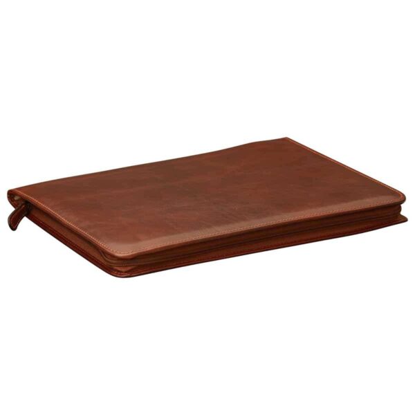 A professional, slim-profile leather portfolio folder in a warm reddish-brown hue. The image showcases the smooth, high-quality grain of the leather, detailed perimeter stitching, and a secure wrap-around zipper with a matching leather pull tab. It is pictured from an angled perspective against a solid white background.