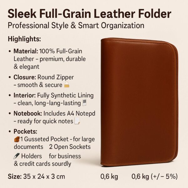 An infographic titled "Sleek Full-Grain Leather Folder" featuring a closed, chestnut brown leather portfolio with a rounded zipper. The text lists highlights such as 100% full-grain leather, a synthetic lining, and an included A4 notepad, along with organizational details like a gusseted pocket and card holders. Dimensions of 35 x 24 x 3 cm and a weight of 0.6 kg are displayed at the bottom.