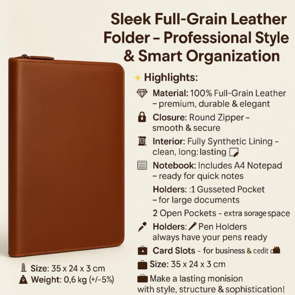 A marketing infographic titled "Sleek Full-Grain Leather Folder – Professional Style & Smart Organization." It features a vertical view of a closed, tan leather portfolio with a zipper. The text highlights its 100% full-grain leather material, synthetic lining, and organizational features including an A4 notepad, a gusseted pocket, pen holders, and card slots. Specifications at the bottom list the size as 35 x 24 x 3 cm and the weight as 0.6 kg.