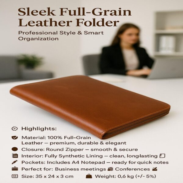 An infographic for a "Sleek Full-Grain Leather Folder" featuring a brown leather portfolio resting on a white desk in a professional office setting. In the blurred background, a woman sits at the desk working on a laptop. The overlaying text highlights features such as 100% full-grain leather, a round zipper, and an included A4 notepad, listing business meetings and conferences as ideal use cases.