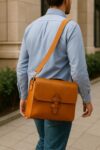 Premium full-grain calfskin leather messenger bag with laptop compartment, magnetic flap, and adjustable shoulder strap, handcrafted in Italy for work, travel, and everyday use