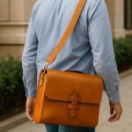Premium full-grain calfskin leather messenger bag with laptop compartment, magnetic flap, and adjustable shoulder strap, handcrafted in Italy for work, travel, and everyday use