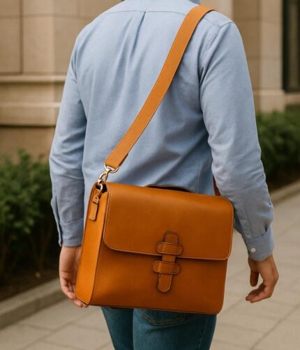 Premium full-grain calfskin leather messenger bag with laptop compartment, magnetic flap, and adjustable shoulder strap, handcrafted in Italy for work, travel, and everyday use