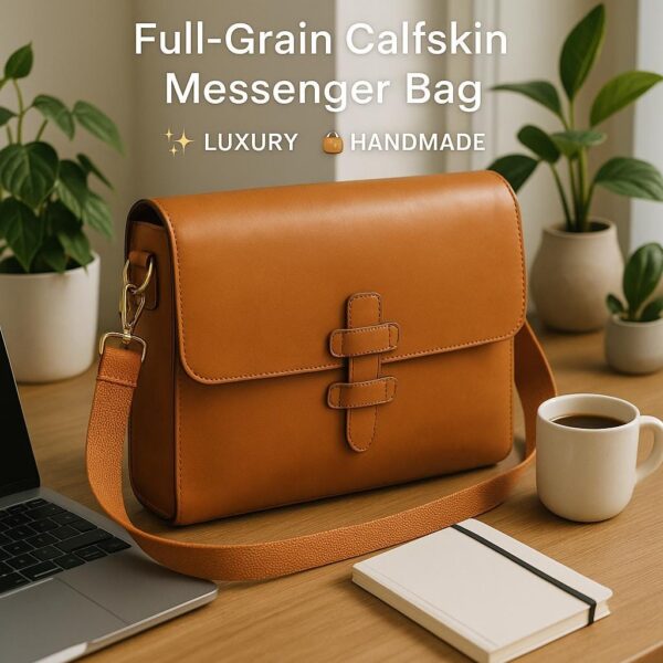 An infographic of a tan leather messenger bag on a wooden desk next to a laptop, notebook, and coffee, with text overlay saying "Full-Grain Calfskin Messenger Bag - Luxury - Handmade."