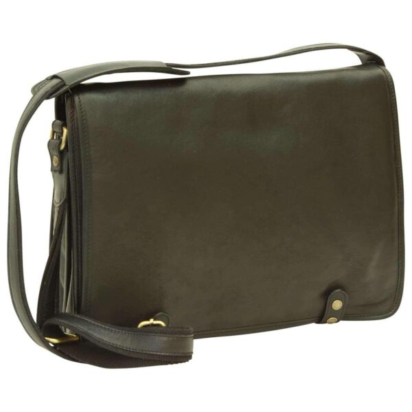 Front view of a black leather messenger bag with a large minimalist flap and a matching black canvas shoulder strap