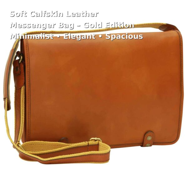 Front view of a tan calfskin leather messenger bag labeled "Gold Edition," featuring a minimalist design and a yellow canvas shoulder strap