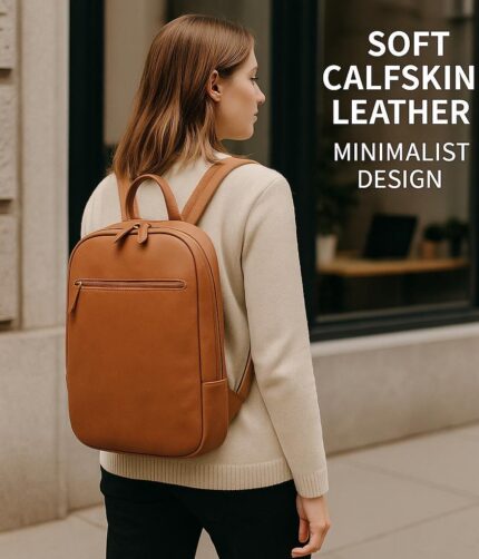 Premium full-grain calfskin leather laptop backpack in brown – handcrafted Italian design, elegant and functional for work, travel, or campus.