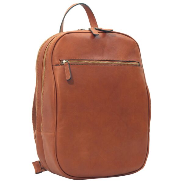 Cognac tan full-grain leather backpack with gold zipper and top handle — compact unisex professional laptop bag`