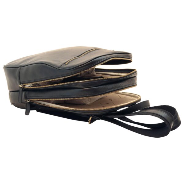 Black full-grain leather backpack open showing multiple compartments and beige interior lining — men's professional laptop bag`