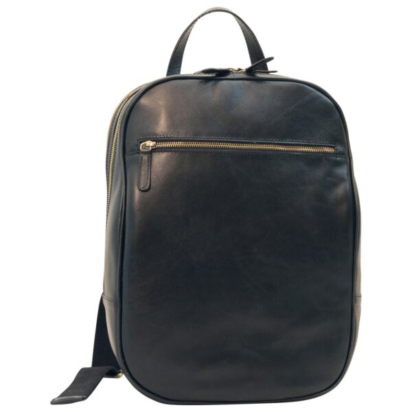 Black full-grain leather backpack with gold front zipper and top handle — unisex professional laptop travel bag`